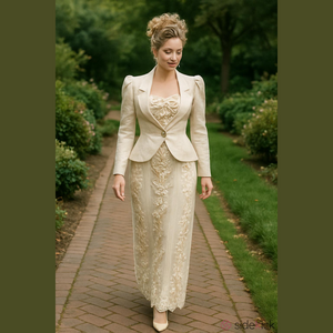 80s 3PC LORRIE KABALA ECRU JACKET LACE & RIBBON APPLIQUE & SATIN TOP MAXI SKIRT